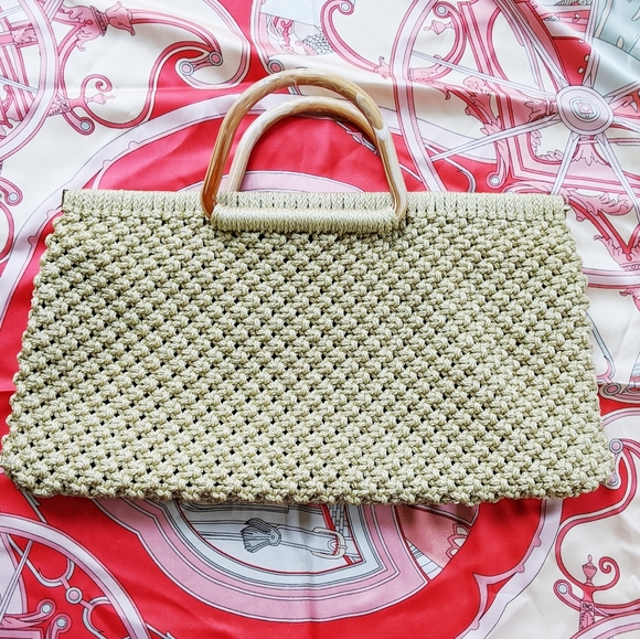 Vintage Handbags - Vintage 70's Macrame Woven Acrylic Top Handle Bag